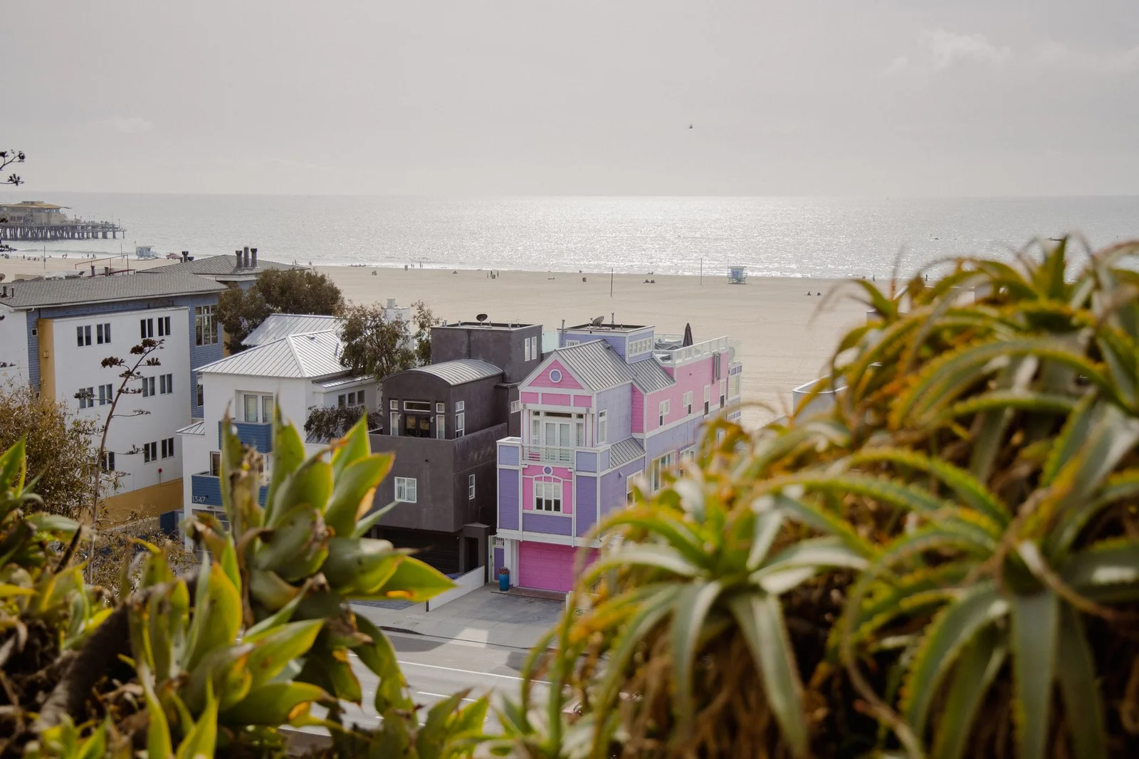 Colorful beachfront homes with ocean view in Santa Monica, CA, USA, amidst lush greenery.